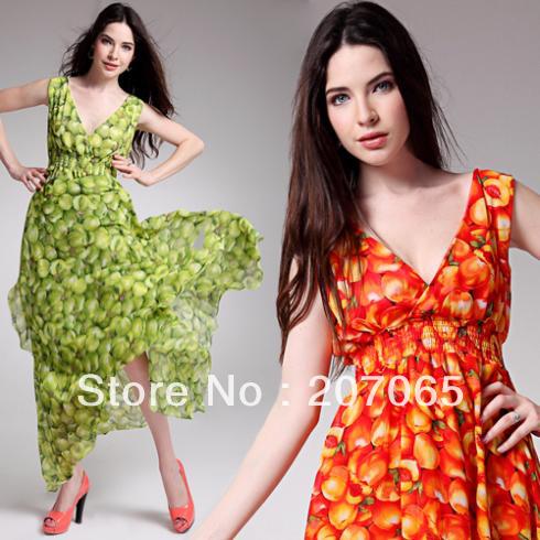 Free shipping good quality V-neck chiffon skirts,maxi dress,women colourful dress  3 colour size S,M,L