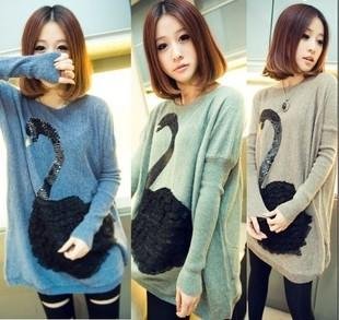 free shipping goose print women lovely wool sweater pullover Green/Blue/Brown