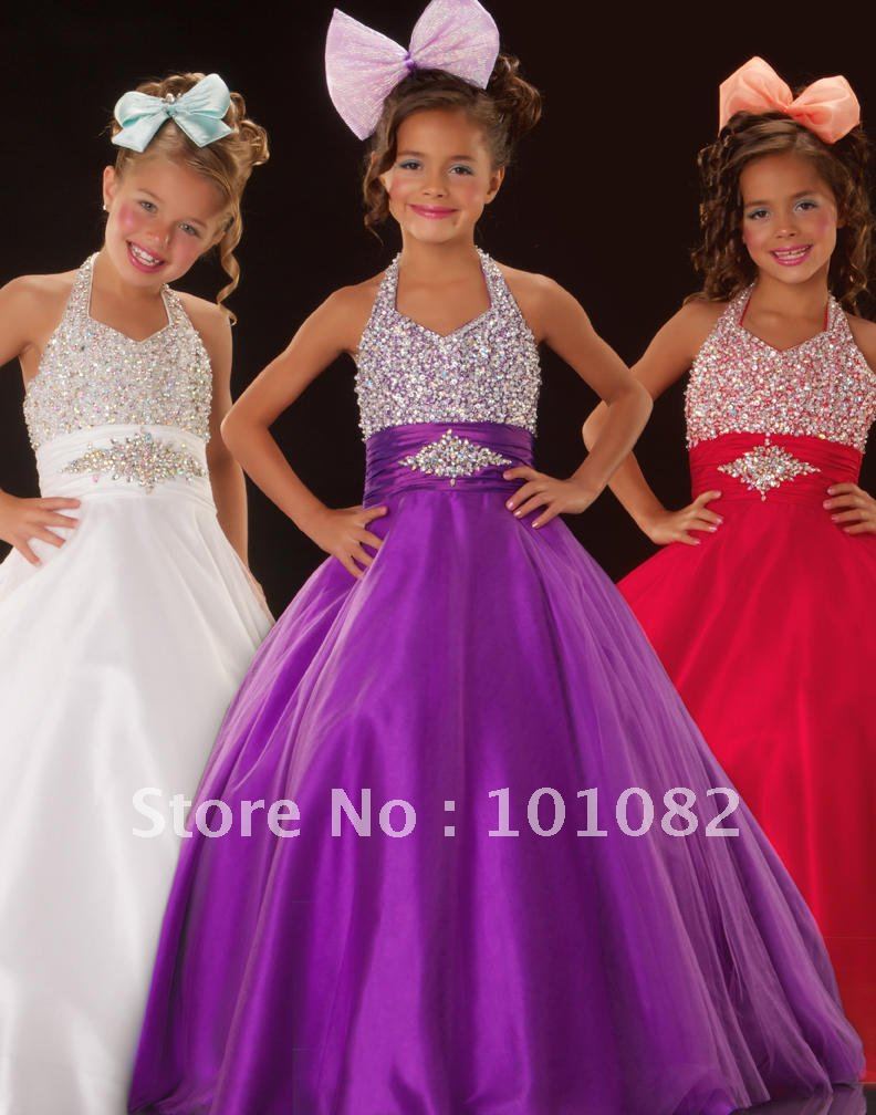 Free Shipping Gorgeous White Purple Beads Halter Flower Girl Dress Cheap Lovely Little Girl Pageant Dress
