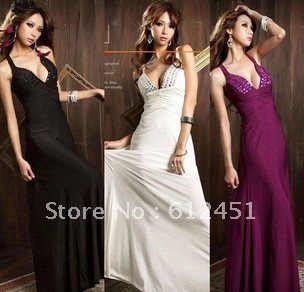 Free Shipping Gown dress wholesale/Retail sexy V collar chest Rhinestone back cross strap length dress