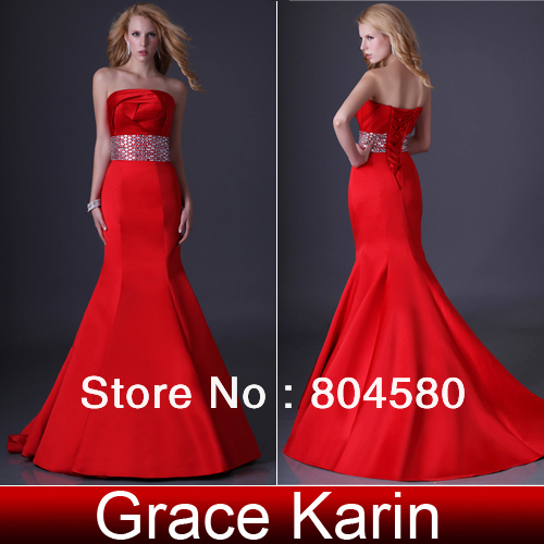 Free shipping Grace Karin Sexy Stock Strapless Satin Bridesmaid Party Gown Prom cocktail dresses Red Evening Dress 8 Size CL3825