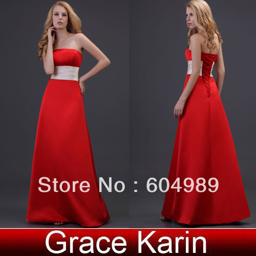 Free Shipping Grace Karin Strapless Bridesmaid Gowns Prom Long Dresses Ball Party Red Evening Satin Dress CL3421