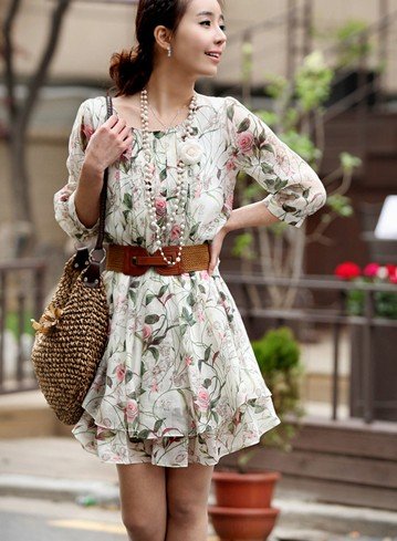 Free Shipping Graceful Half Sleeve Flower Printed Chiffon Dress With Belt