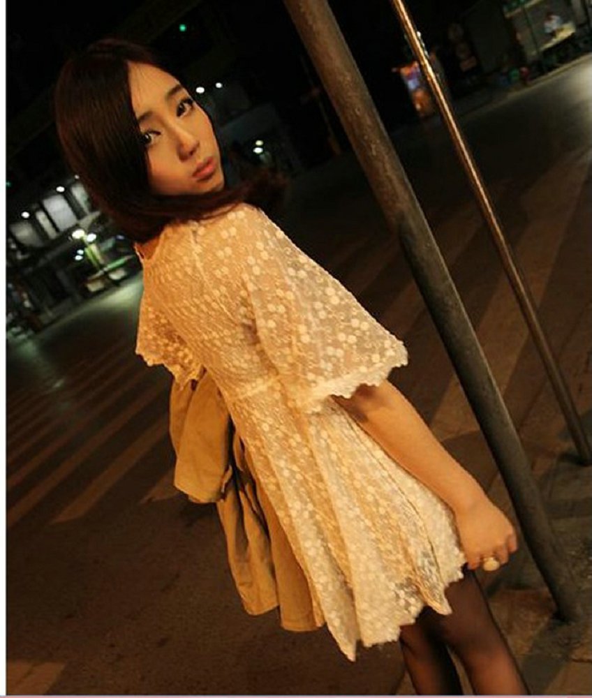 Free Shipping Graceful Round Neckline High Elastic Waist Back Zipper Design Apricot Lace Dress