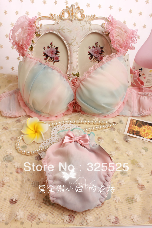 free shipping Gradient color deep V-neck push up chiffon ruffle underwear bra set