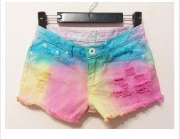 Free Shipping Gradient color fluorescence burr tassel tie dye Jeans Shorts