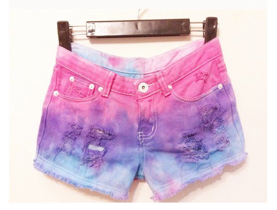 Free Shipping Gradient color fluorescence burr tassel tie dye Jeans Shorts FM120071