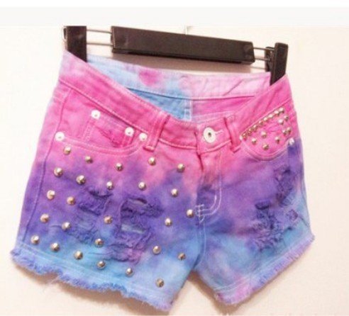 Free Shipping Gradient color fluorescence rivet burrs tassel tie dye Jeans Shorts