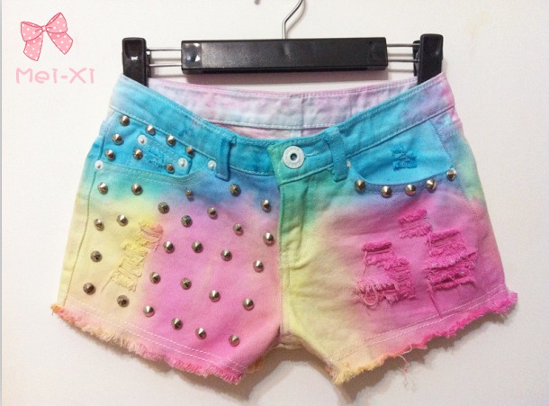 Free Shipping Gradient color fluorescence rivet burrs tassel tie dye Jeans Shorts FM120072