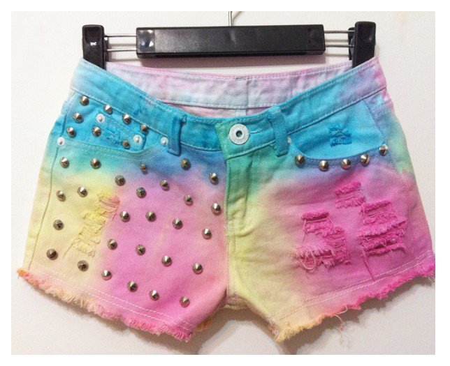 Free Shipping Gradient color fluorescence rivet burrs tassel tie dye Jeans Shorts MI90019