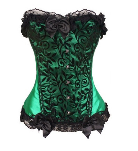 Free shipping green satin with black leaves lace overlay front boned lace up corset bustier lingerie dropship S-2XL