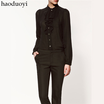 Free Shipping Hadouoyi ruffle small stand collar ol elegant solid color women's long-sleeve shirt black 6 full
