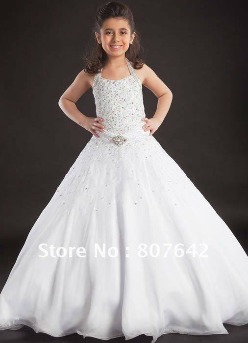Free shipping Halter embroider paillette Flower Girl Dress girls' gown Custom-size/color wholesale/retail Sky1000 OEM
