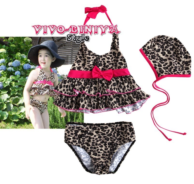 Free shipping Halter-neck leopard print piece set little girl swimsuit