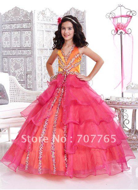 Free shipping halter ruffled beaded ball gown skirt orange fuschia custom-made long girls pageant dresses CWFf618