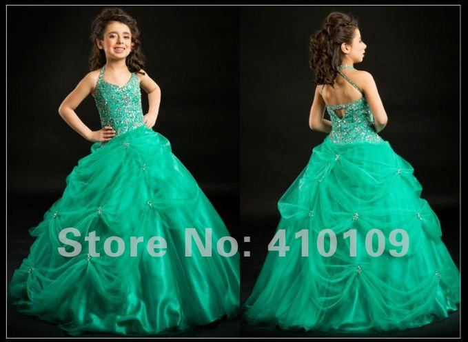 Free Shipping Halter  Sequined Beaded  Rouched Organza  Flower Girl Dress / Child Dress/Ball Gown Dresses