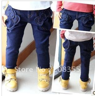 Free shipping Han edition big bag of three-dimensional embroidery bowknot girl double thickening children's jeans