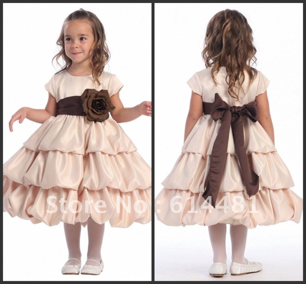 Free Shipping Handmade Flower Waist Ankle Length Bow Fairy Popular Kid Gown Cheap Flower Girl Dress 2012