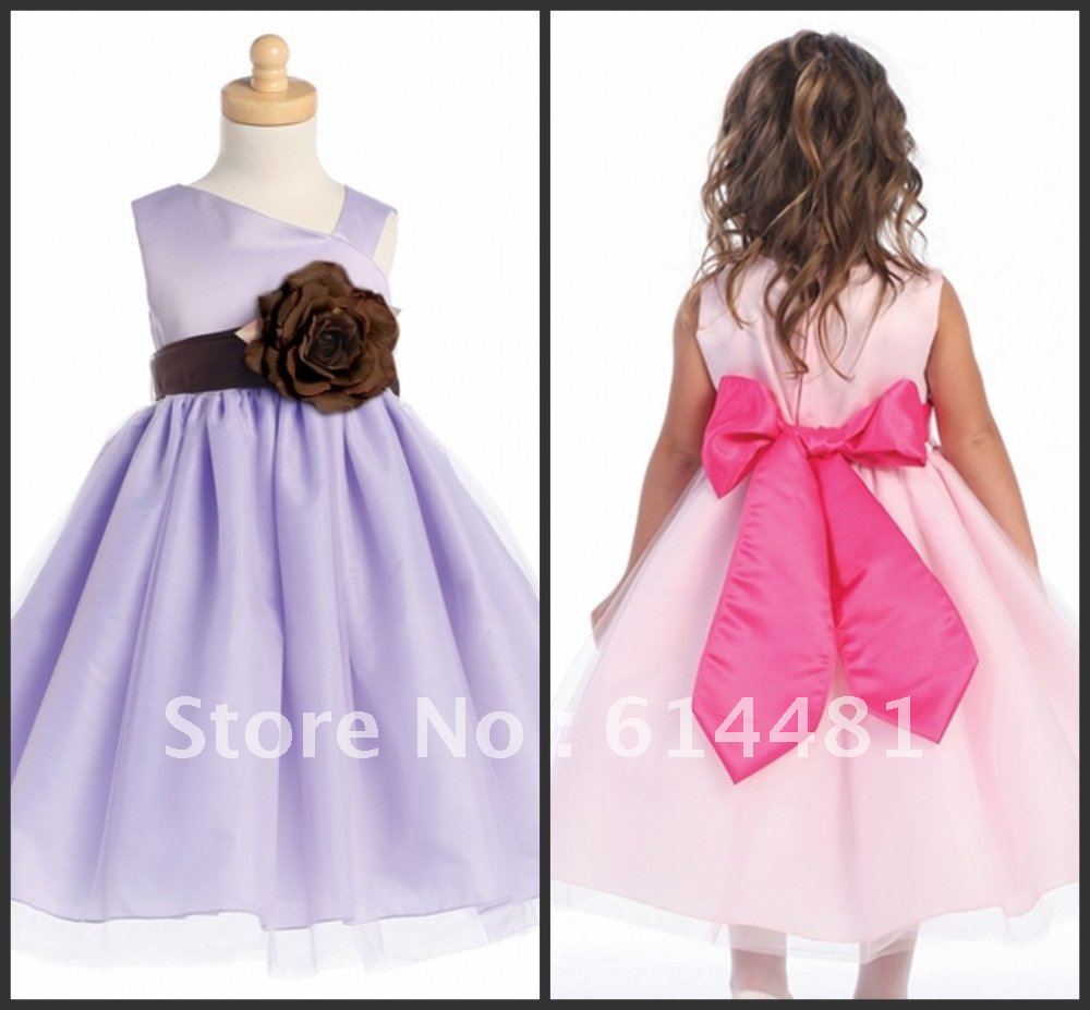 Free Shipping Handmade Flower Waist Ankle Length Bow Fairy Popular Kid Gown Cheap Flower Girl Dress 2012 Custom Made