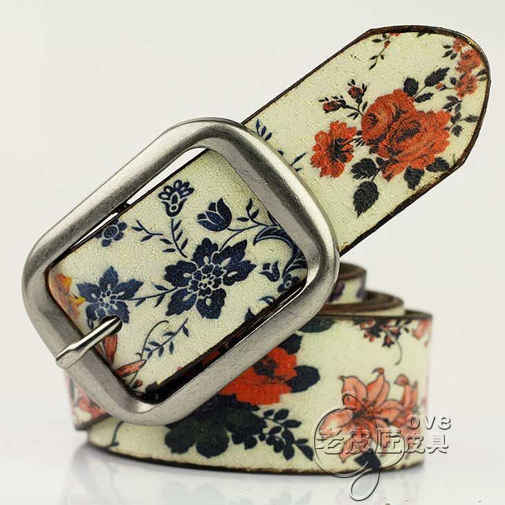 Free shipping Handmade women's strap print doodle genuine leather 100% leather wide belt fashion punk crack