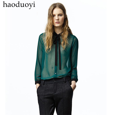 Free shipping, Haoduoyi bow chiffon perspectivity long-sleeve women's shirt blackish green 6 full ,15