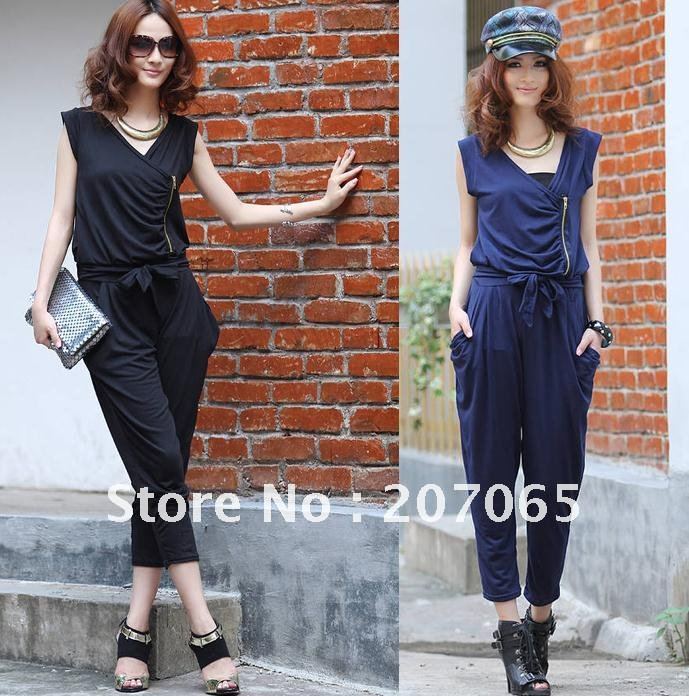 Free shipping  harem jumpsuit Zipper design ,Women's jumpsuit overall Harem pants v-neck   2 colour