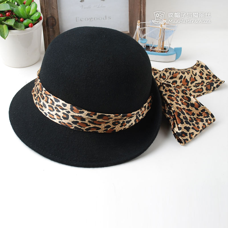 Free Shipping - hat alice bow leopard print cap belt pure wool hat