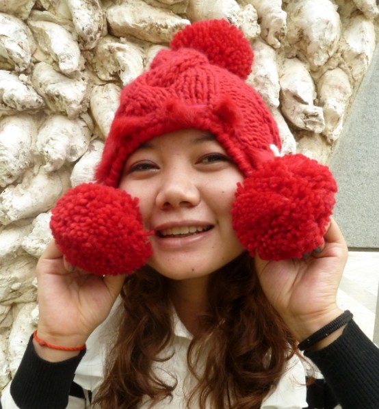 free shipping Hat female autumn and winter knitted hat ear protector cap leather strawhat female twisted bow rabbit fur wool cap