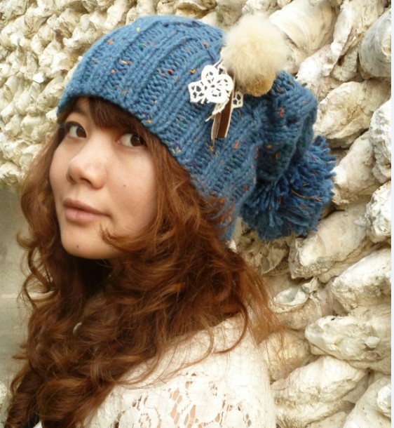 free shipping Hat female autumn and winter knitted hat knitted women's twisted wool cap rabbit fur ball