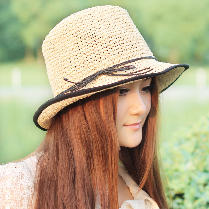 free shipping Hat female summer handmade jazz hat rustic small fedoras straw braid hat