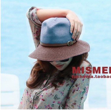 free shipping Hat female summer sunbonnet strawhat large brim fedoras sun hat beach strap