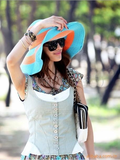 Free shipping hats for women blue orange high-density luxury straw brimmed sun beach hat