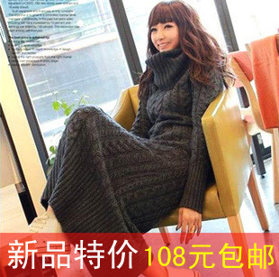 Free Shipping Heap turtleneck thickening twisted pullover big long design sweater long dress knitted outerwear female