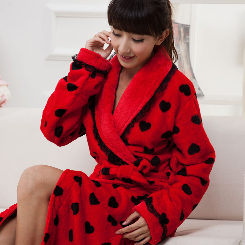 free shipping Heart princess winter medium-long coral fleece robe bathrobes women's thickening flannel sleepwear lounge