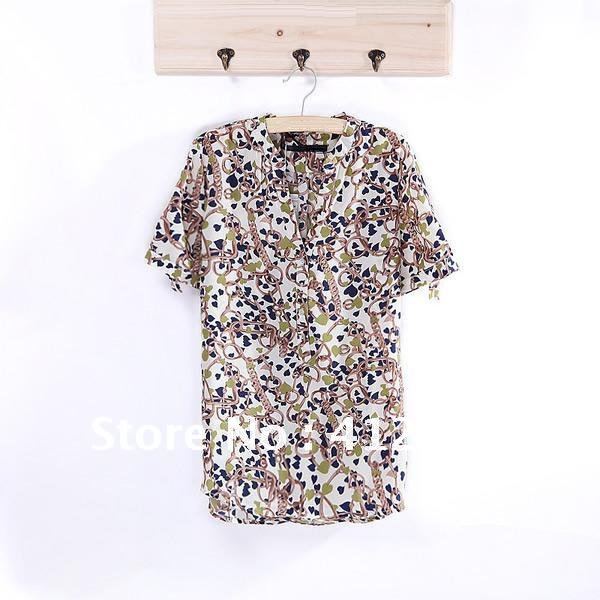 Free shipping heart    vintage V-neck         short sleeve print casual women chiffon blouse shirt new fashion 2012