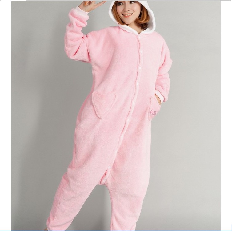Free Shipping Hello Kitty Footed Pajamas Women  Fashion Cartoon Coral Fleece Wholesale 3pcs lot 3%Discount Retail