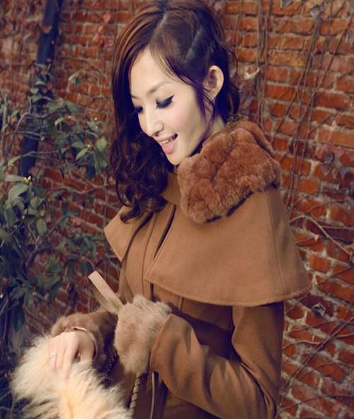 Free Shipping! High-end Customization Two Wear Method  Rex rabbit fur collar  Cashmere Women Trench Coat ,Five Sizes, GLN13