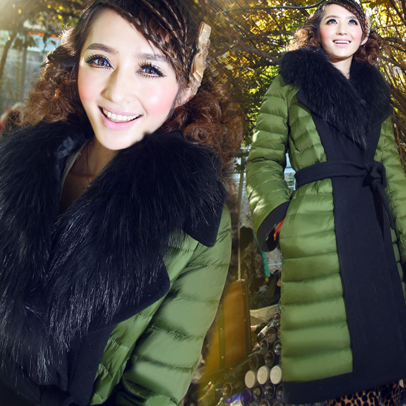 Free Shipping! High-end Customization Women's Woolen Fabric Patchwork Large Fur Collar Medium-long Down Jacket Coat,GRYR146