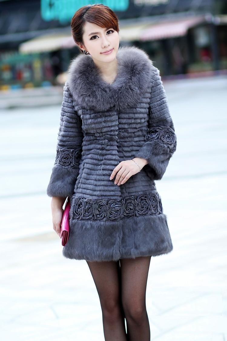 Free Shipping High Fashion 2012 New Factory Sale Rabbit Fur Coat with Fox Fur Collar