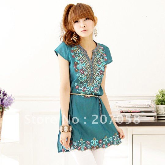 Free shipping high fashion blouse with embroidery and sequins , include belt as picture new arival L xl 2XL 3XL