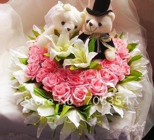 Free shipping High Grade Brial Wedding Car Decoration/Cartoon Wedding Bear Flower/Photography Props/Simulation Flower