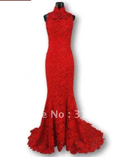 free shipping high neck real sample venice lace open back evening dress fashion 2012