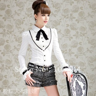 Free Shipping high quality 2012 autumn white preppy style black bow tie aerospace long-sleeve women's shirt lady blouse BL10052