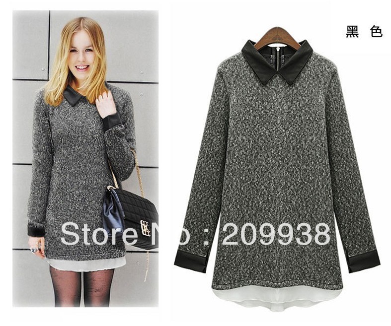 Free shipping!high quality!2013 new dress for women,long sleeves leather Turn-down collar wool spring dress T1640