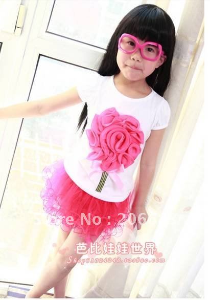 Free shipping high quality B2W2 Baby Kids Children T-shirt,Girls Stereo flowers T-Shirt girl's tops Short Sleeve T-Shirt,