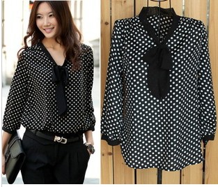 Free shipping High quality Bowknot white (round) wave point chiffon shirt,Vintage Polka Dots 3/4 Sleeve Top Shirt Black +