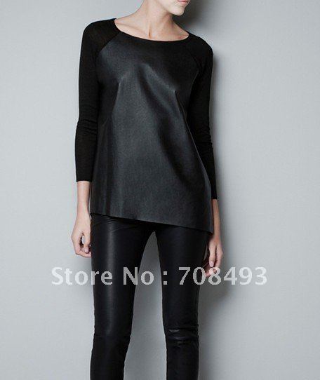 Free shipping high quality brand leather autumn blouse for women long sleeve T-shirts  for new fashion women
