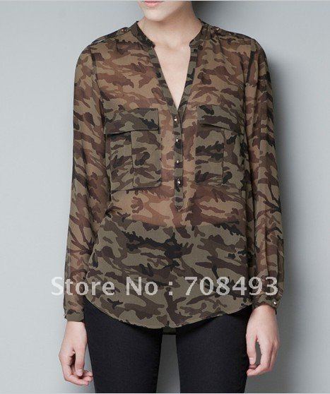 Free shipping high quality brand shirts army style blouse for women long sleeve shirts printed shirts for new fashion women