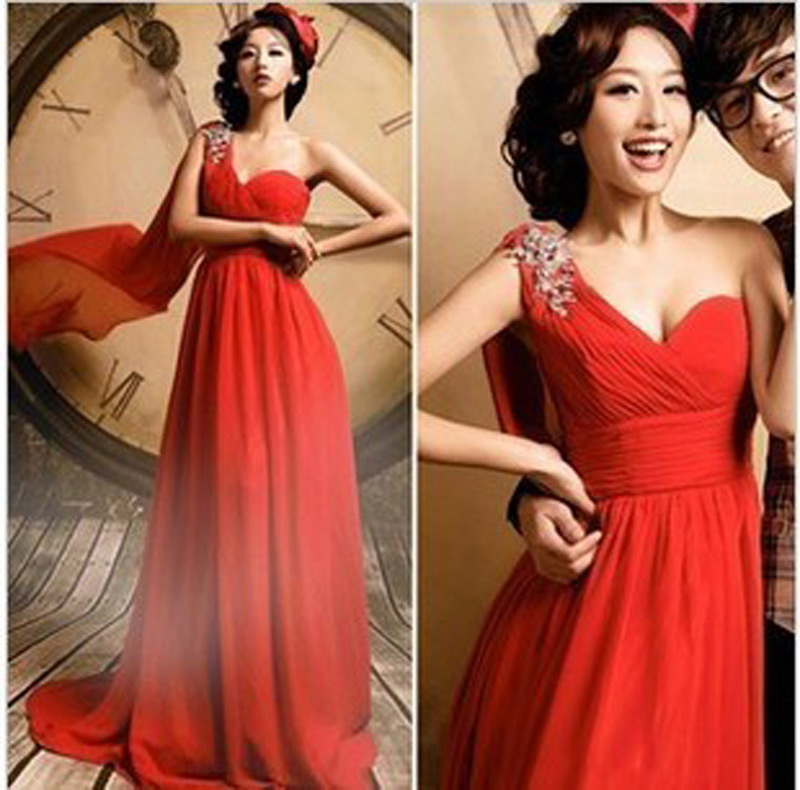 free shipping high quality Bridal evening dress one shoulder sexy evening dress long design red dress