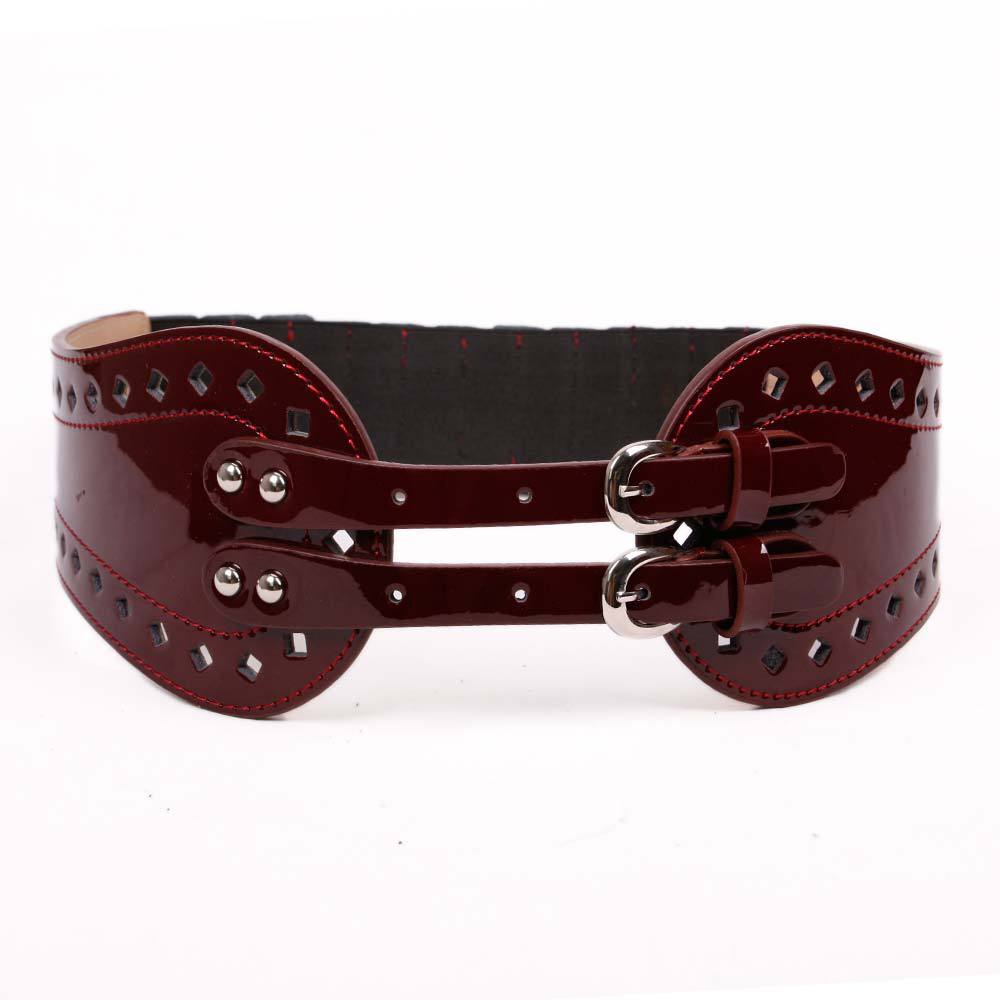 Free shipping high-quality fashion  beltsWomen Double Pin Buckles Perforated Patten Leather Elastic Stretch Wide Belt s BT-C276m